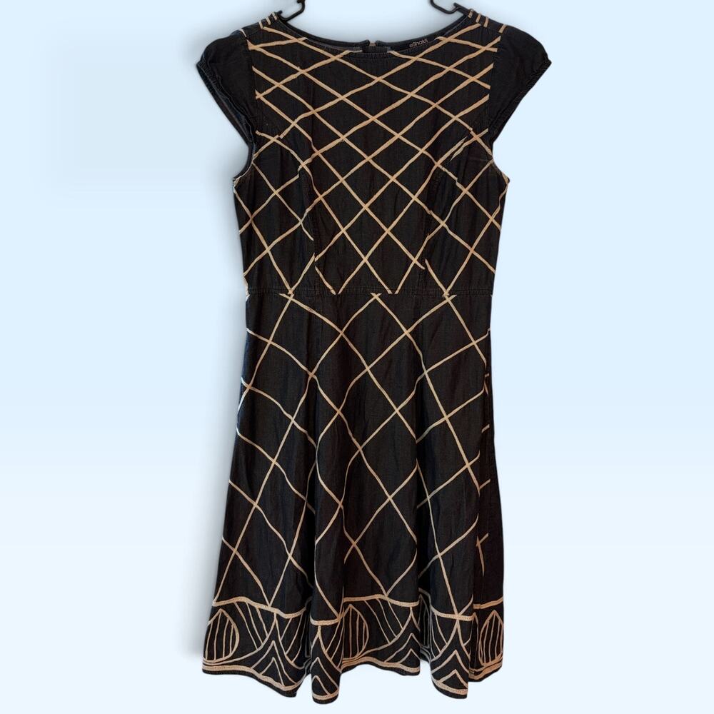 eShakti Size 6 Blue (denim color) Geometric Lattice Print Knit Midi w/ Pockets